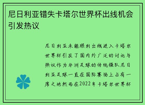 尼日利亚错失卡塔尔世界杯出线机会引发热议